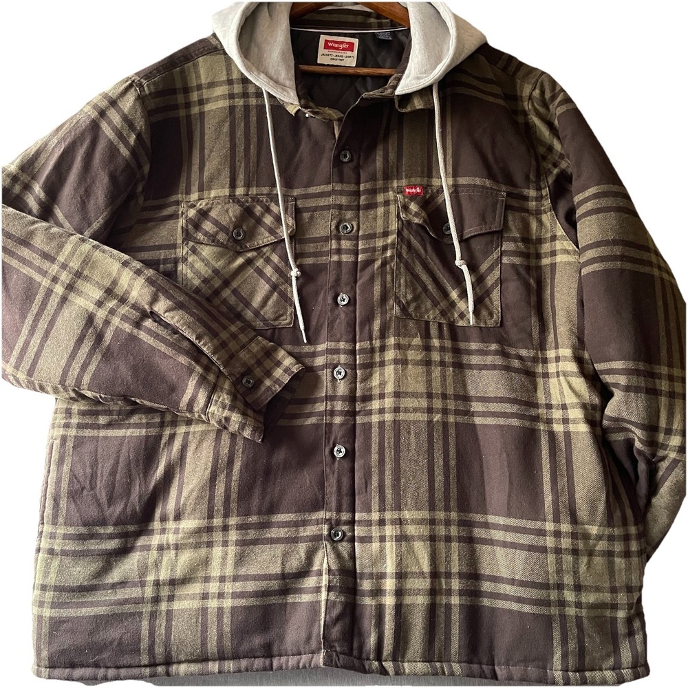 Wrangler Quilt Lined Hooded Plaid Flannel Shacket Jacket Button Front Mens‎ 2XL